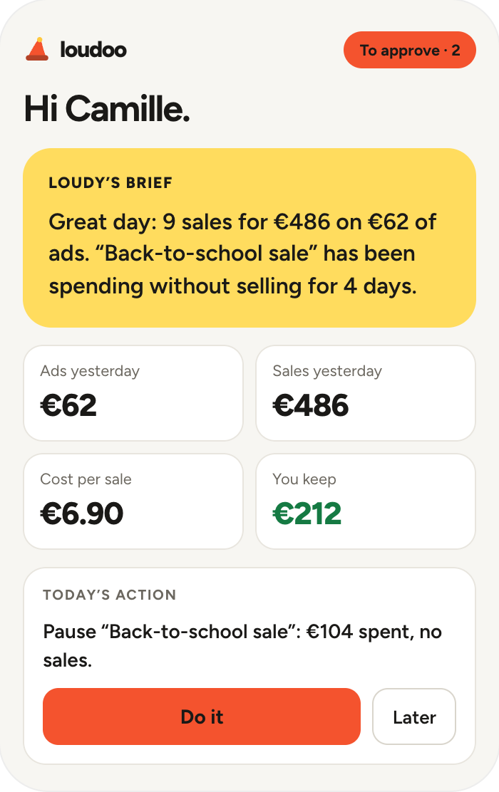 Loudoo’s “Today” screen: Loudy’s brief, yesterday’s numbers and today’s action.
